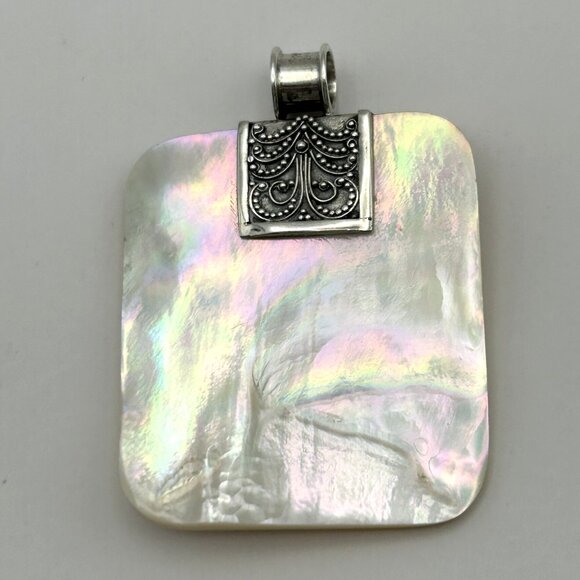 Artisan Sterling Silver 925 Mother of Pearl Iridescent Pendant Shell Boho 2in - Picture 7 of 10